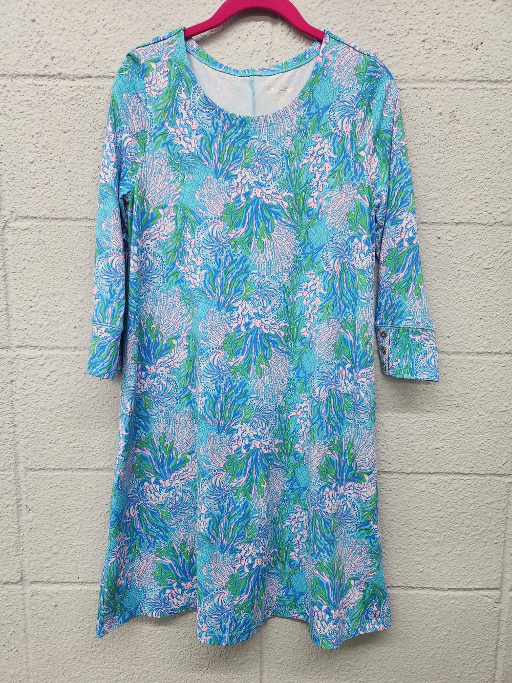 Lilly Pulitzer Aqua Floral Shift Dress with Pink & Green Accents